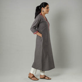 Grey - Dark Gray Plain Jhiri Handloom Cotton Long Kurta