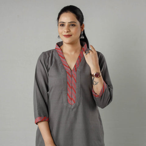 Grey - Dark Gray Plain Jhiri Handloom Cotton Long Kurta