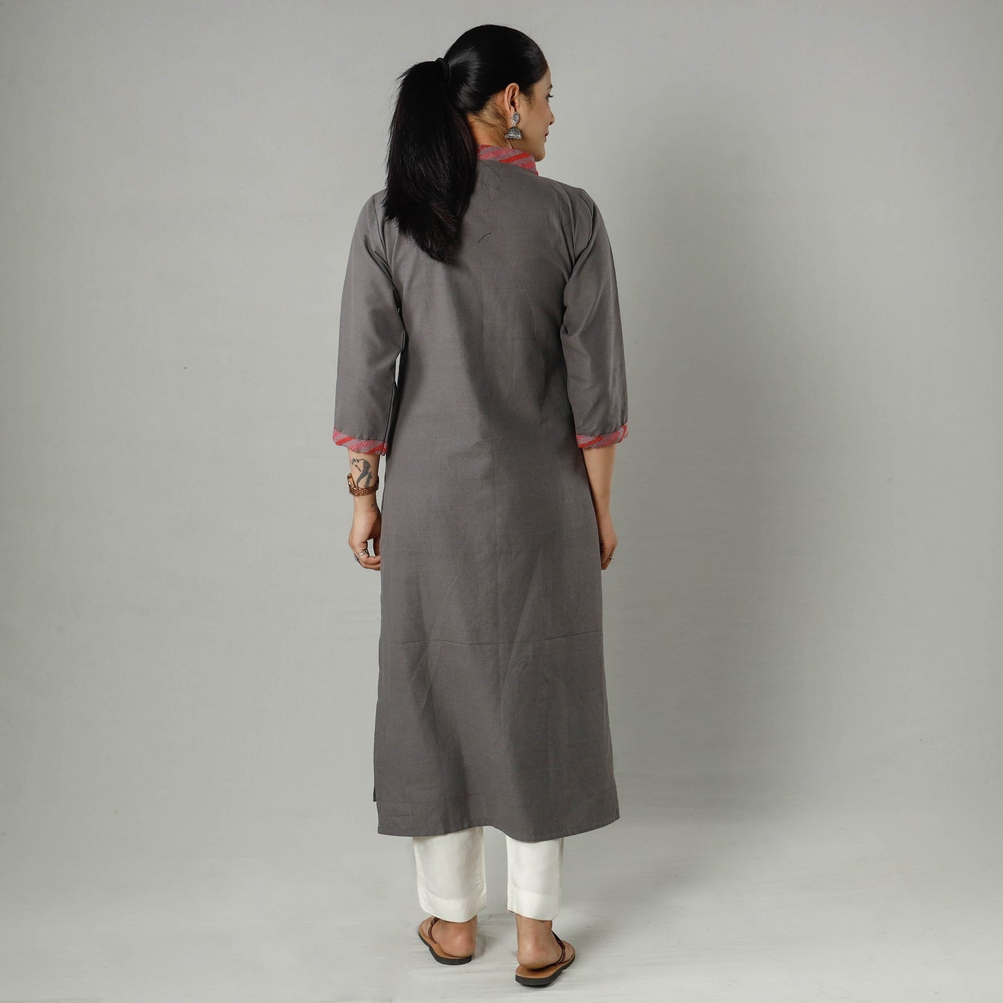 Grey - Dark Gray Plain Jhiri Handloom Cotton Long Kurta