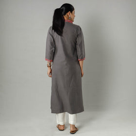 Grey - Dark Gray Plain Jhiri Handloom Cotton Long Kurta