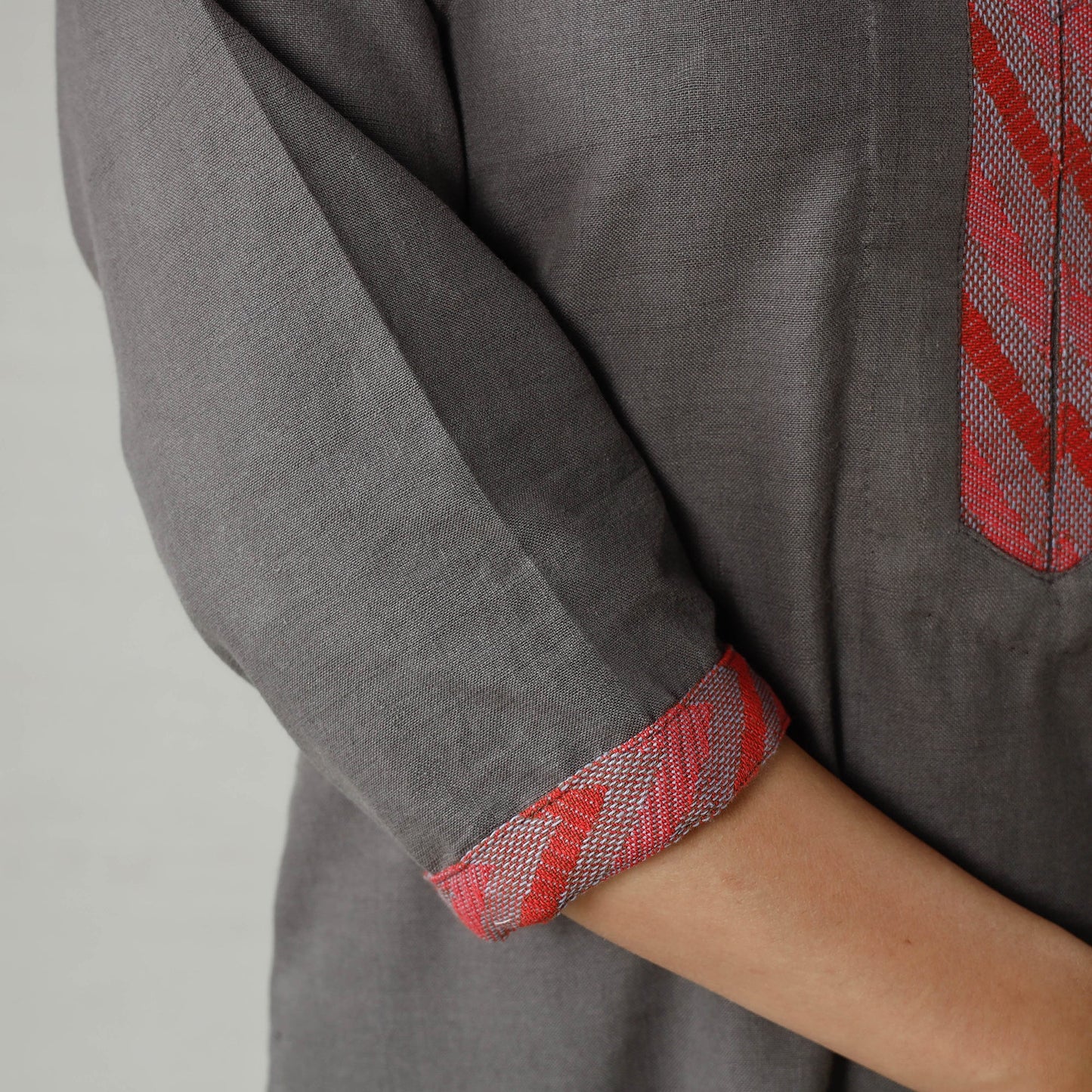 Grey - Dark Gray Plain Jhiri Handloom Cotton Long Kurta