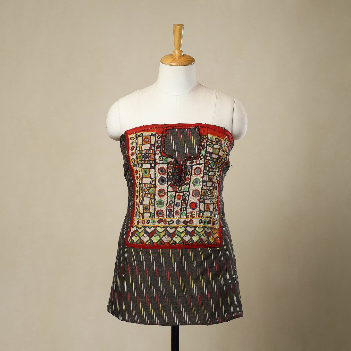 Grey - Hand-Worked Kutch Embroidery Ikat Kurta Material (3.25M) 09