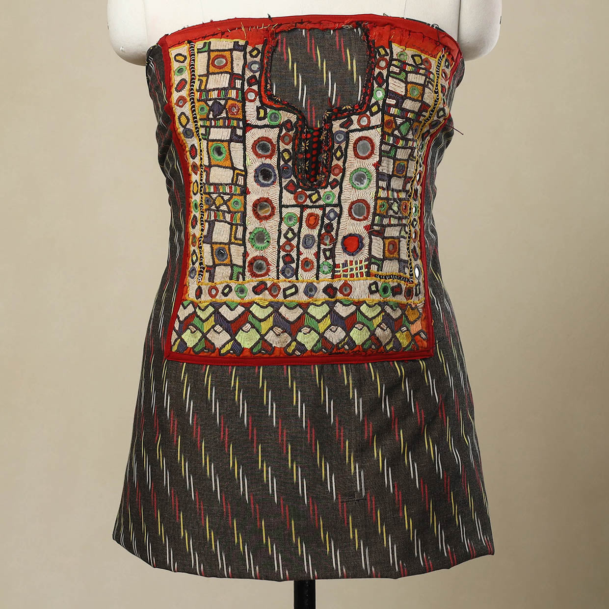 Grey - Hand-Worked Kutch Embroidery Ikat Kurta Material (3.25M) 09