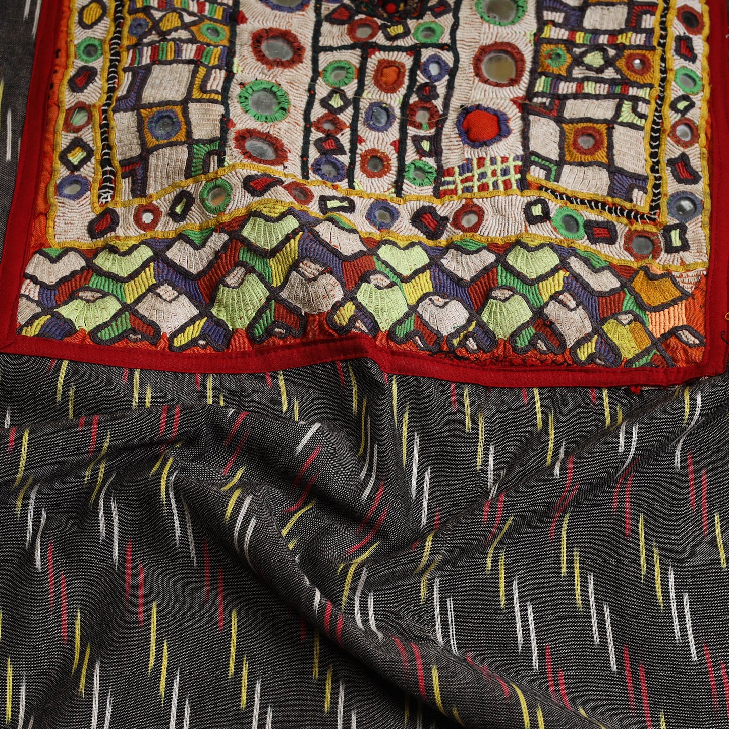 Grey - Hand-Worked Kutch Embroidery Ikat Kurta Material (3.25M) 09