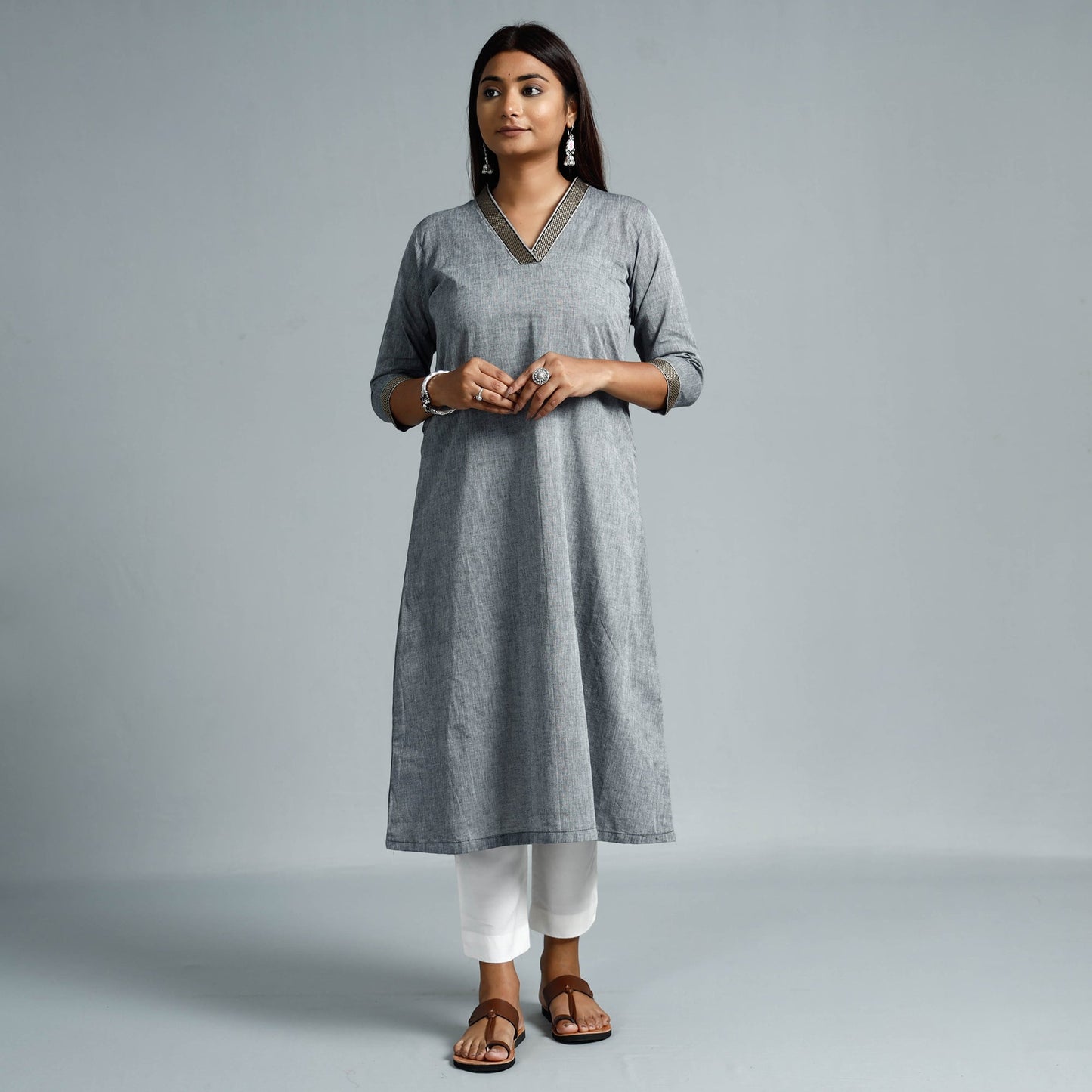 Grey - Dharwad Cotton  A-Line Long Kurta