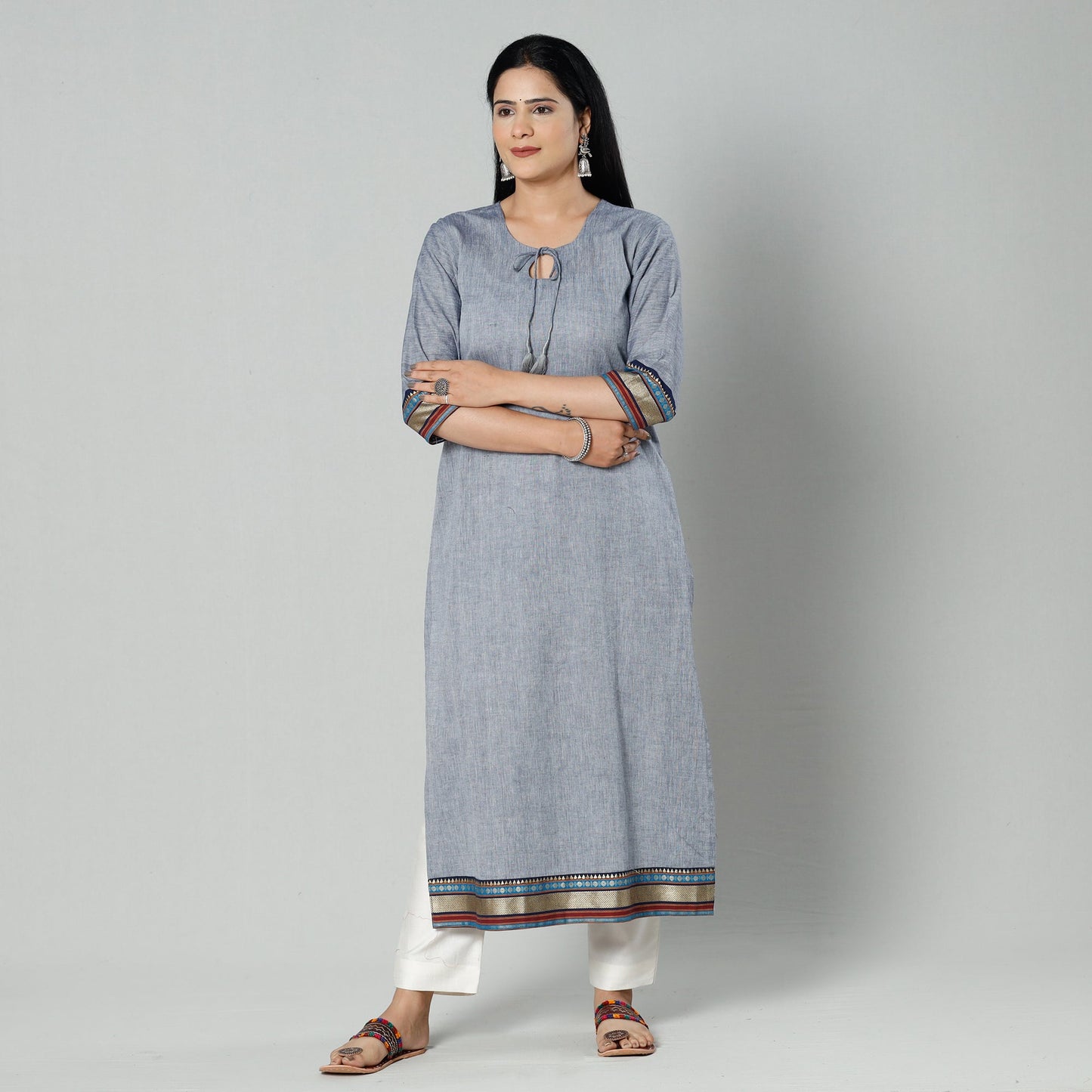 Grey dharwad cotton long kurti - handcrafted