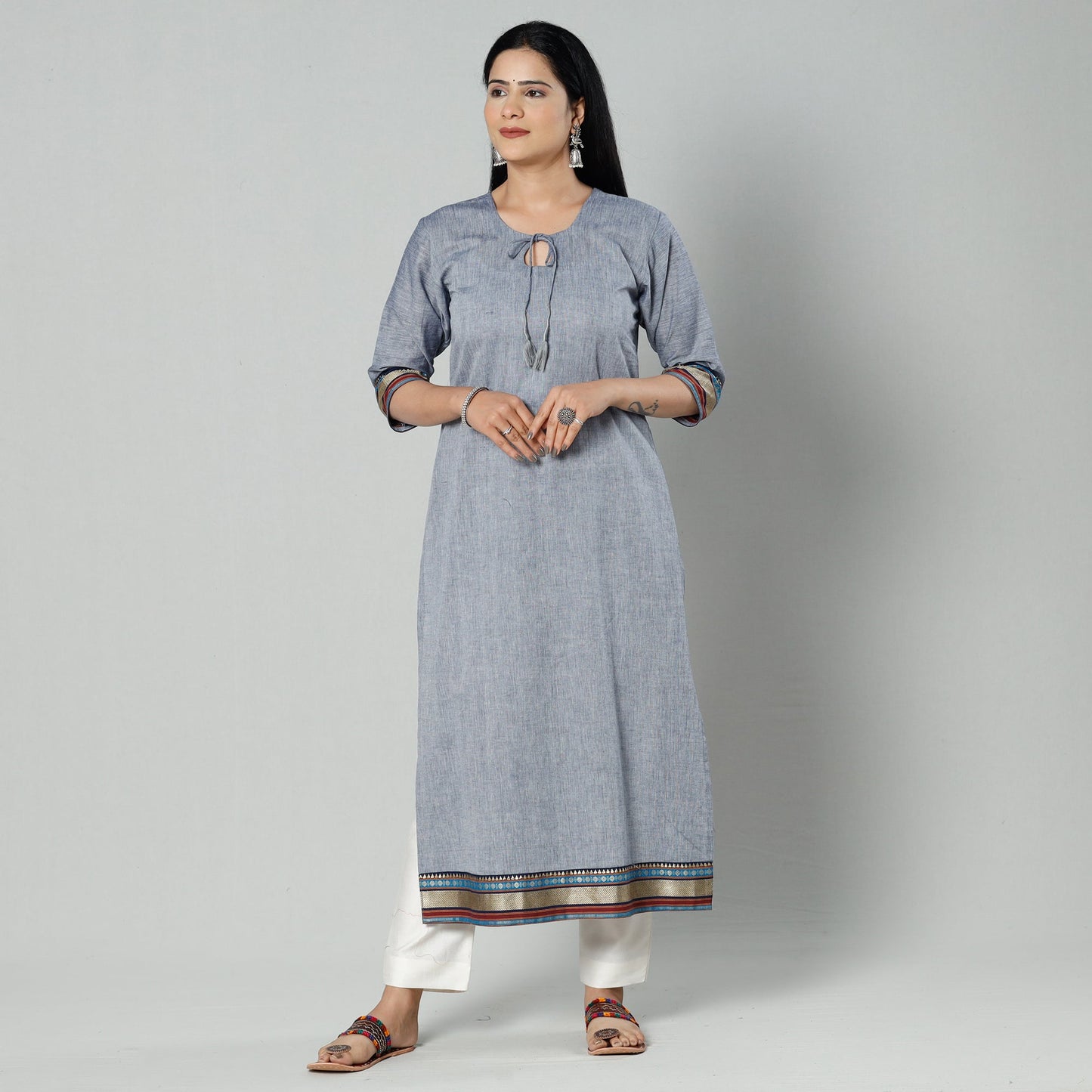 Grey dharwad cotton long kurti - handcrafted