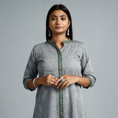 Grey - Dharwad Cotton Long A-Line Kurta