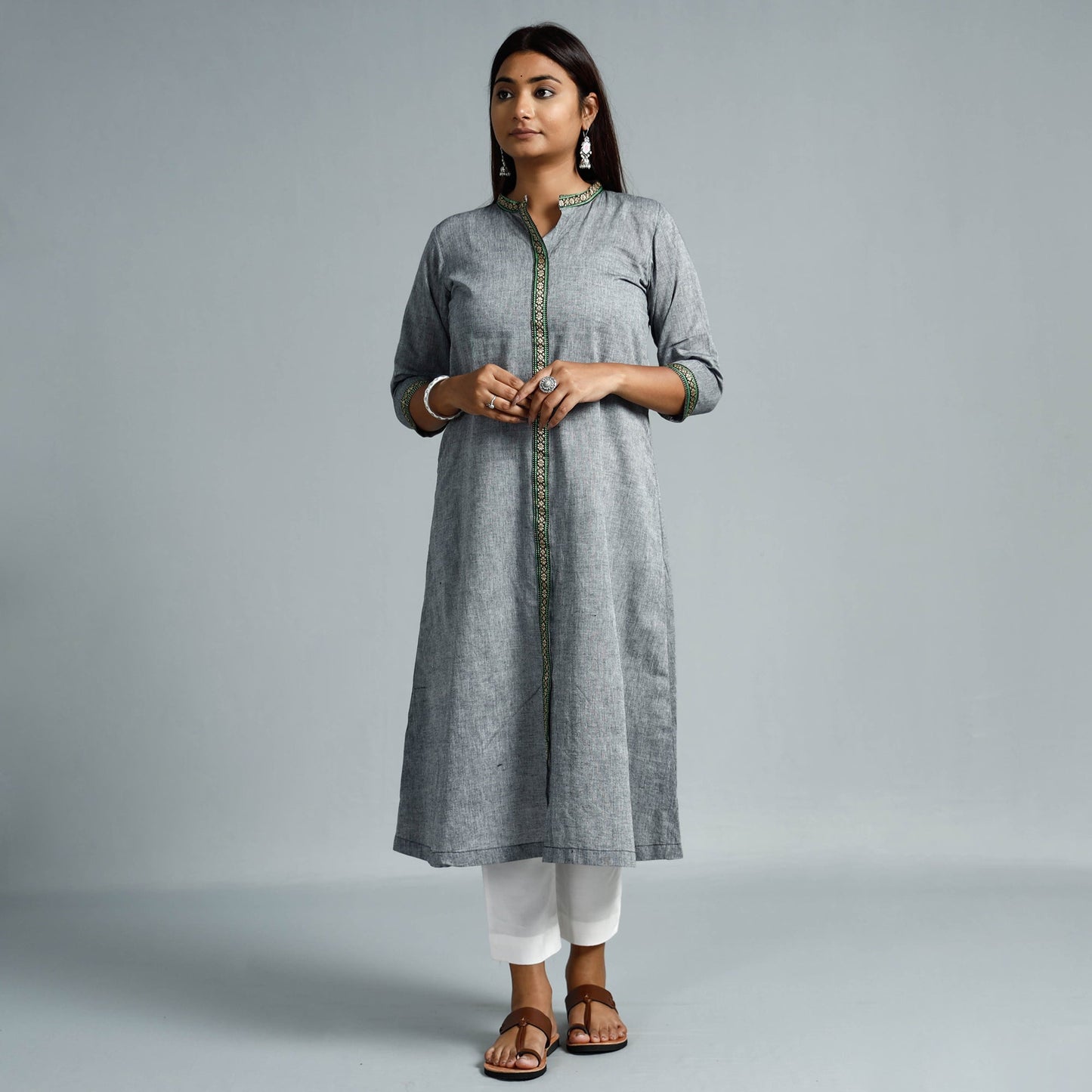 Grey - Dharwad Cotton Long A-Line Kurta