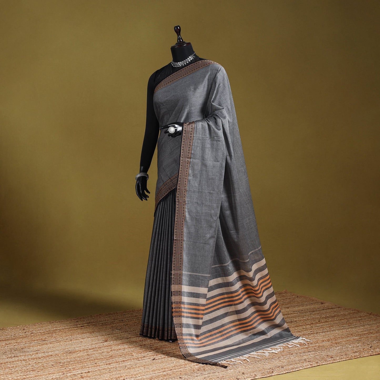 Grey - dharwad cotton saree with border 05 - handcrafted