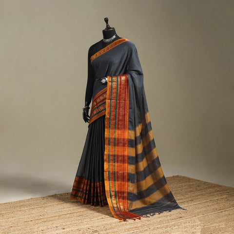 Grey - dharwad cotton saree with border 16 - handcrafted