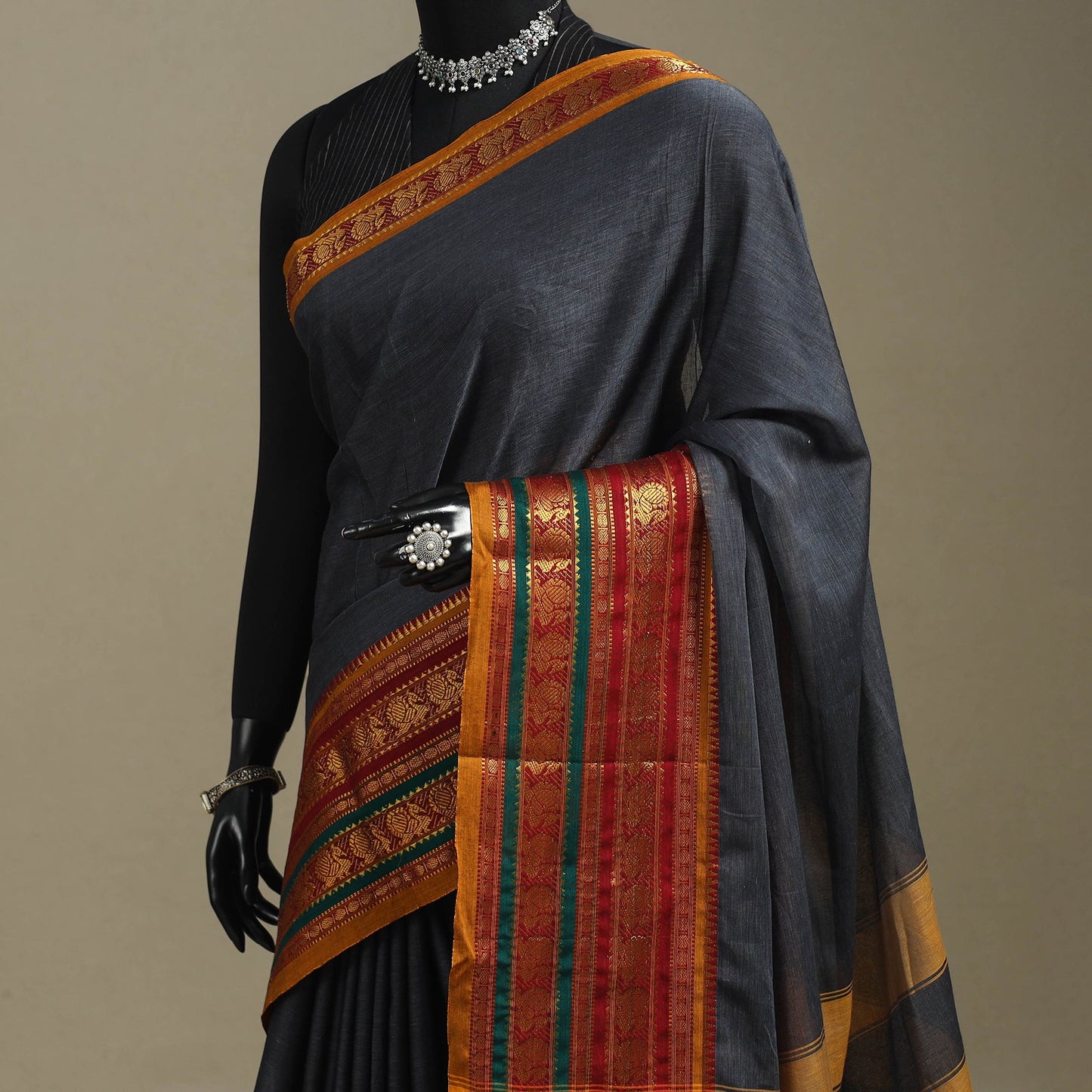 Grey - dharwad cotton saree with border 16 - handcrafted