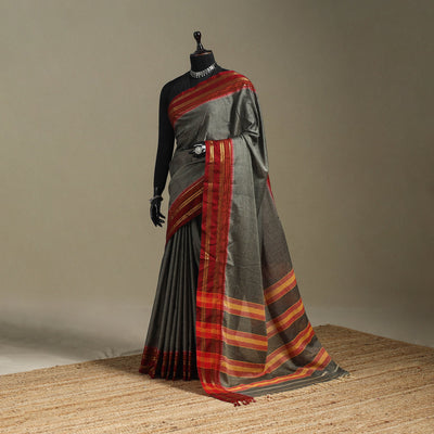 Grey - dharwad cotton saree with border 17 - handcrafted