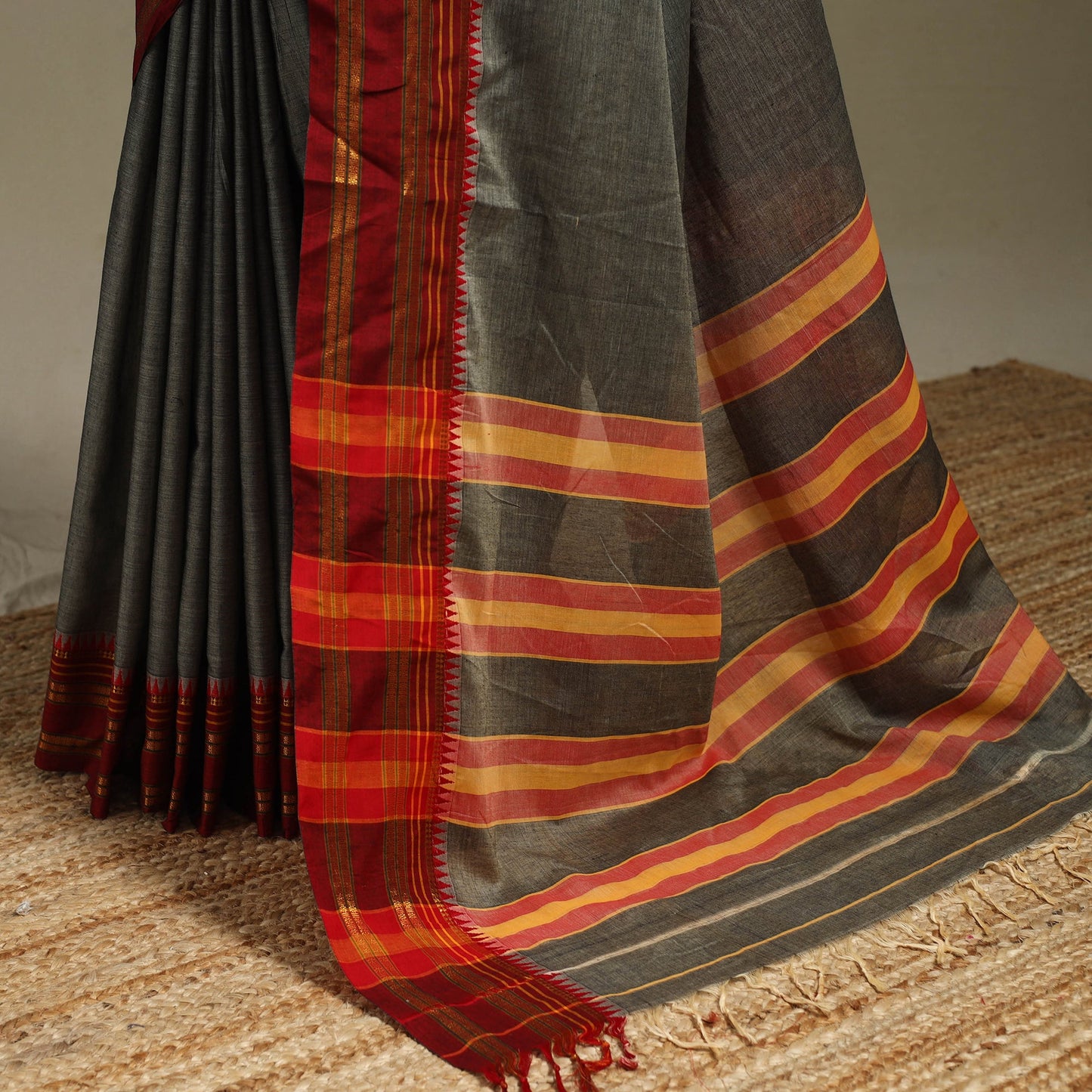 Grey - dharwad cotton saree with border 17 - handcrafted