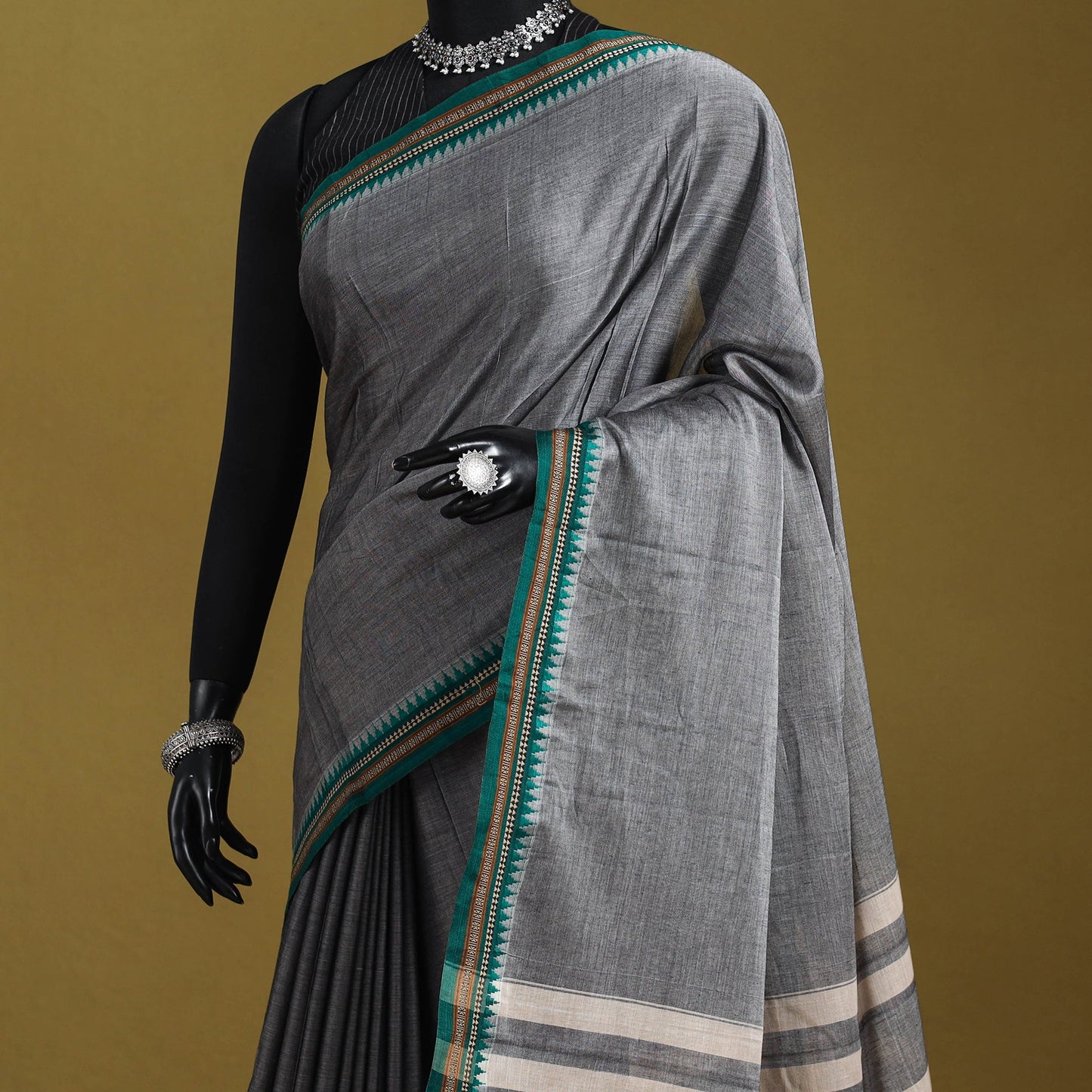 Grey - dharwad cotton saree with border 40 - handcrafted
