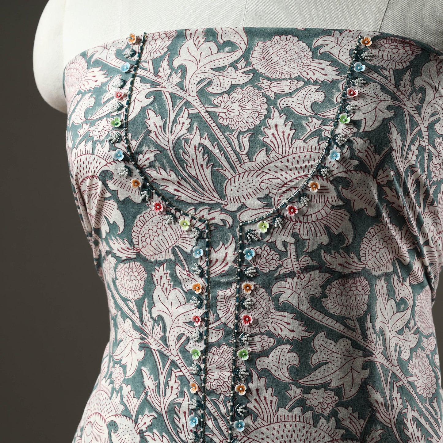 Buy Embroidered Sanganeri Block Print Cotton Kurta Material with Beads - 2.5 Meter Online at iTokri.com