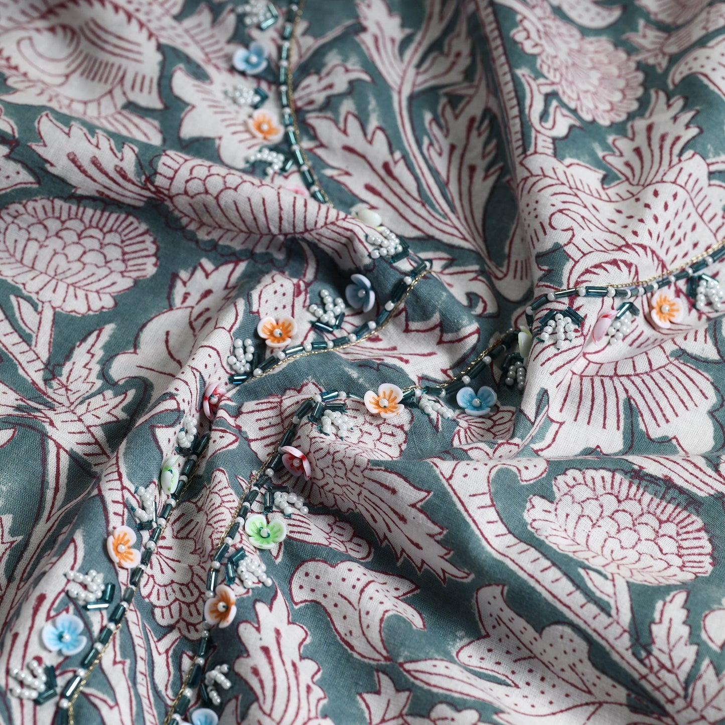 Buy Embroidered Sanganeri Block Print Cotton Kurta Material with Beads - 2.5 Meter Online at iTokri.com