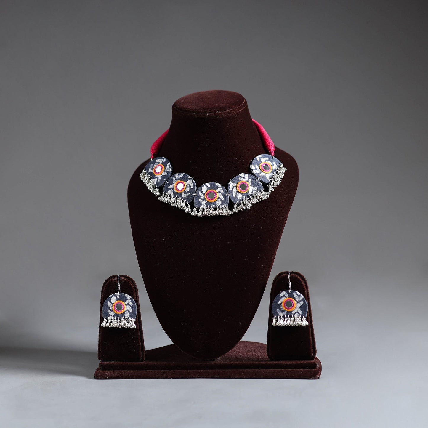 Grey - fabart german silver mirror work choker necklace set