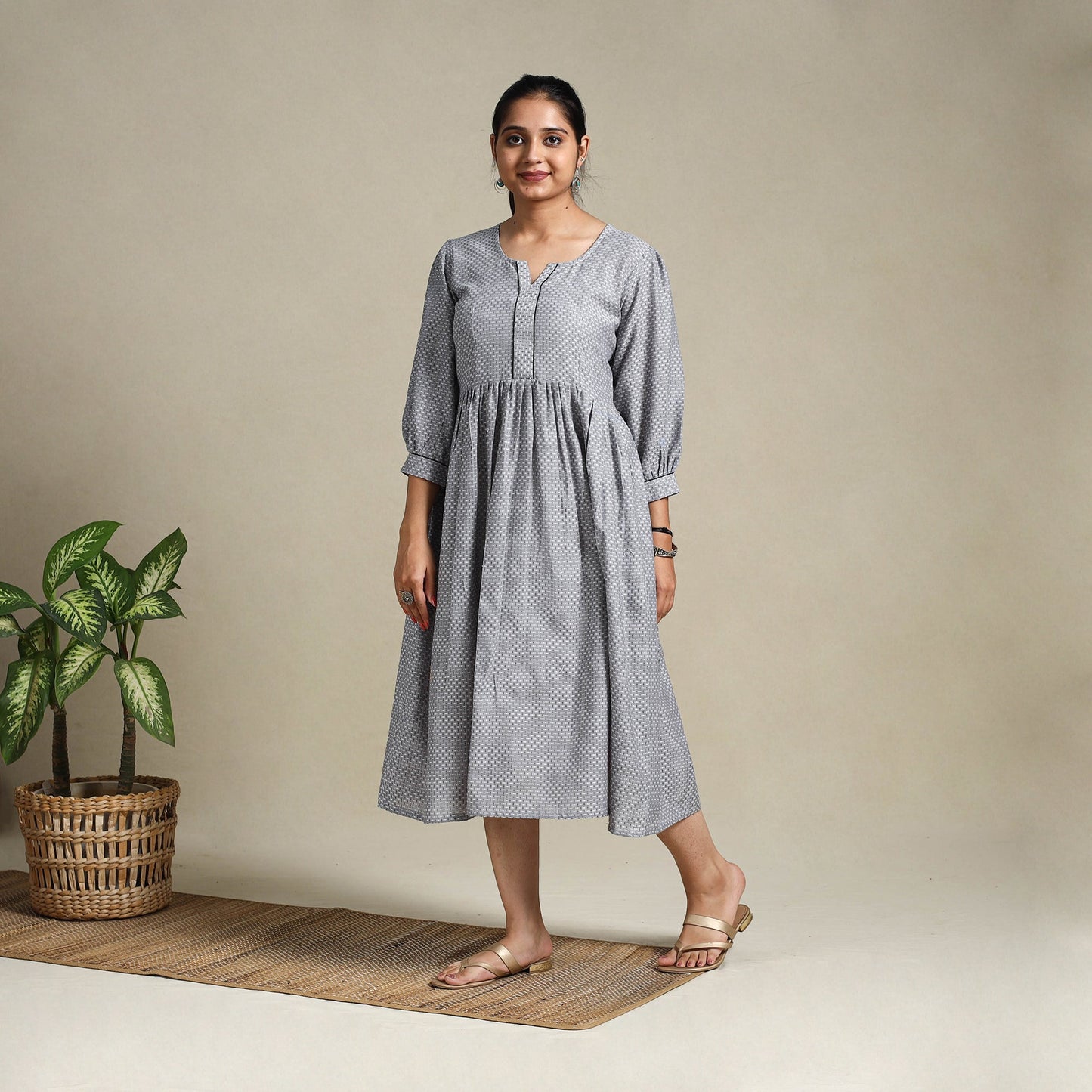 Grey Flared Cotton Jacquard Dress
