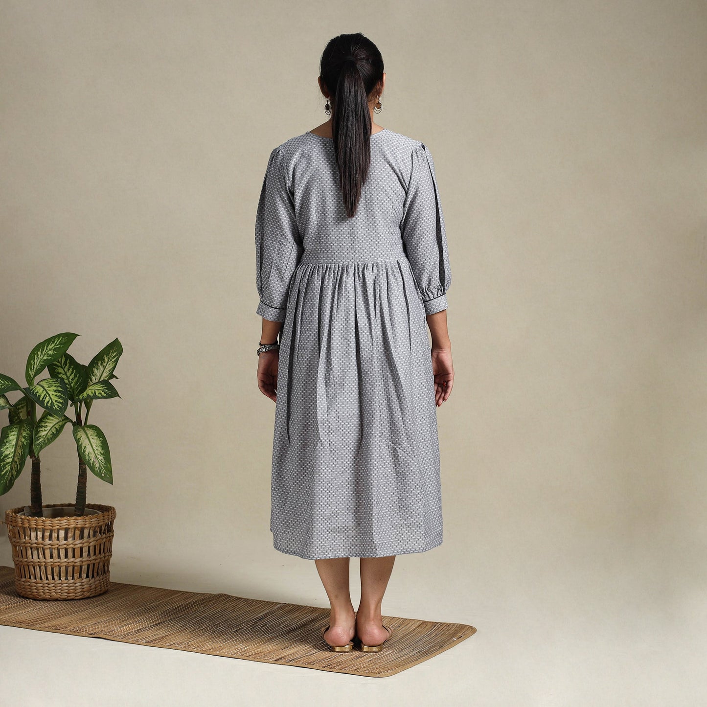 Grey Flared Cotton Jacquard Dress