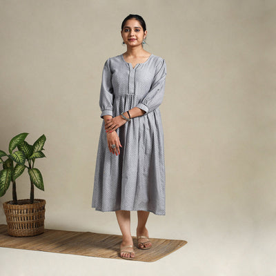 Grey Flared Cotton Jacquard Dress