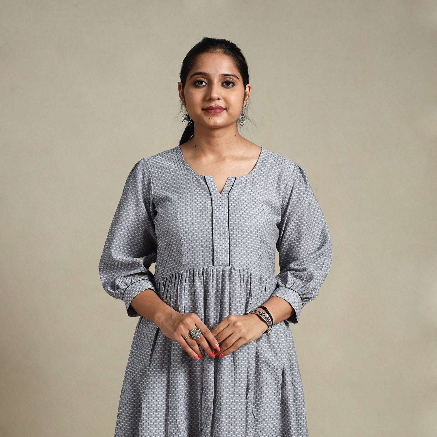 Grey Flared Cotton Jacquard Dress