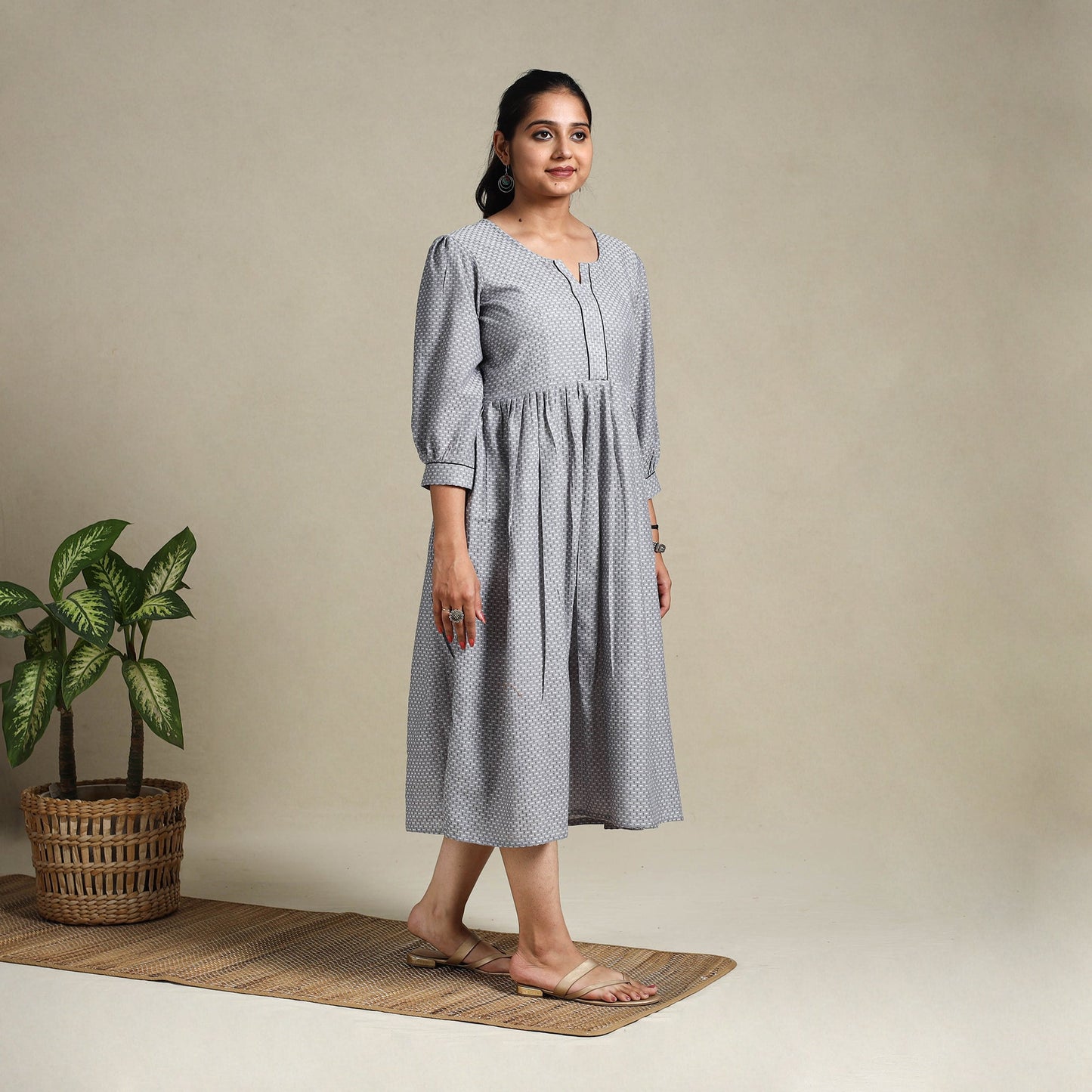 Grey Flared Cotton Jacquard Dress