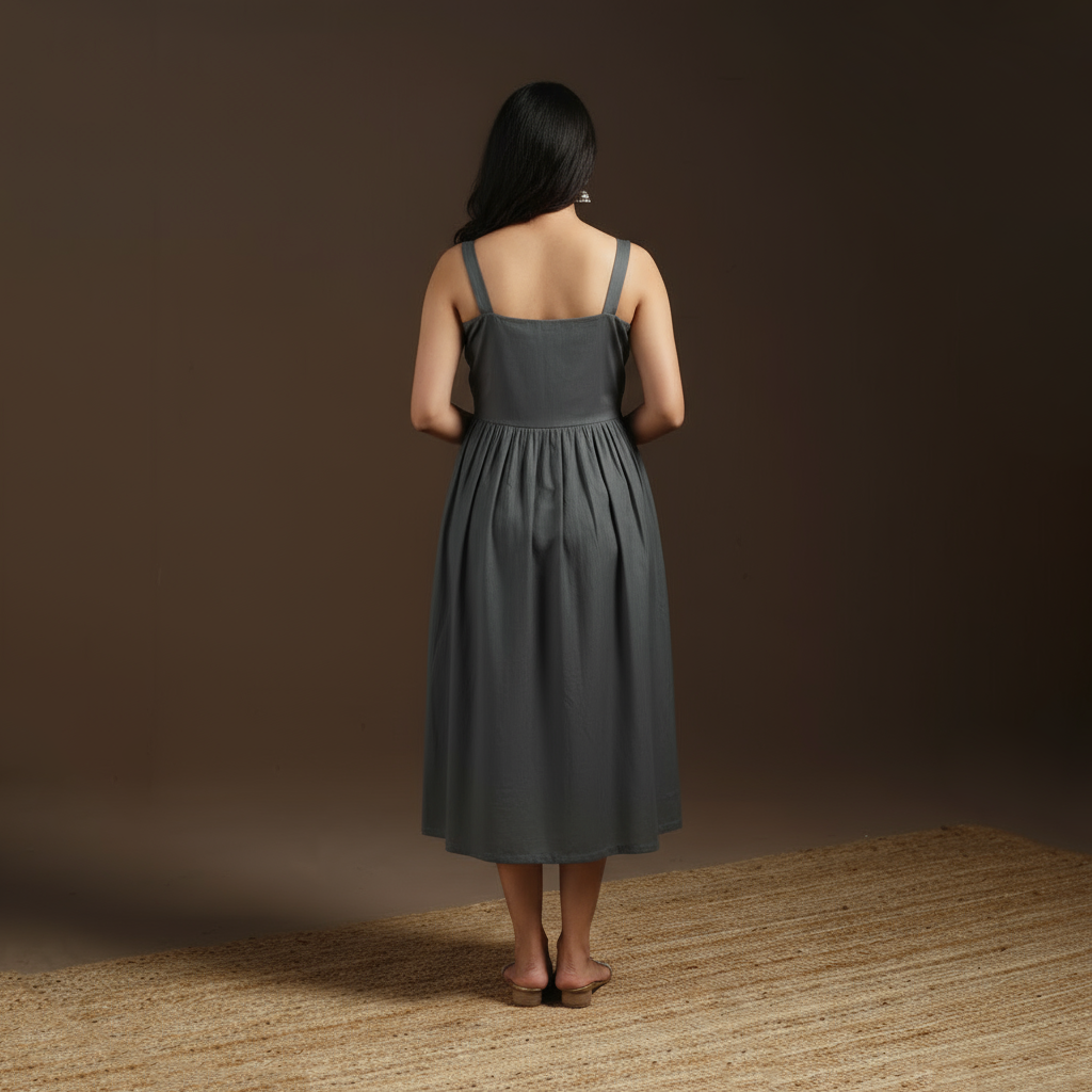 Grey - flex cotton tiered plain dress 02 - handcrafted