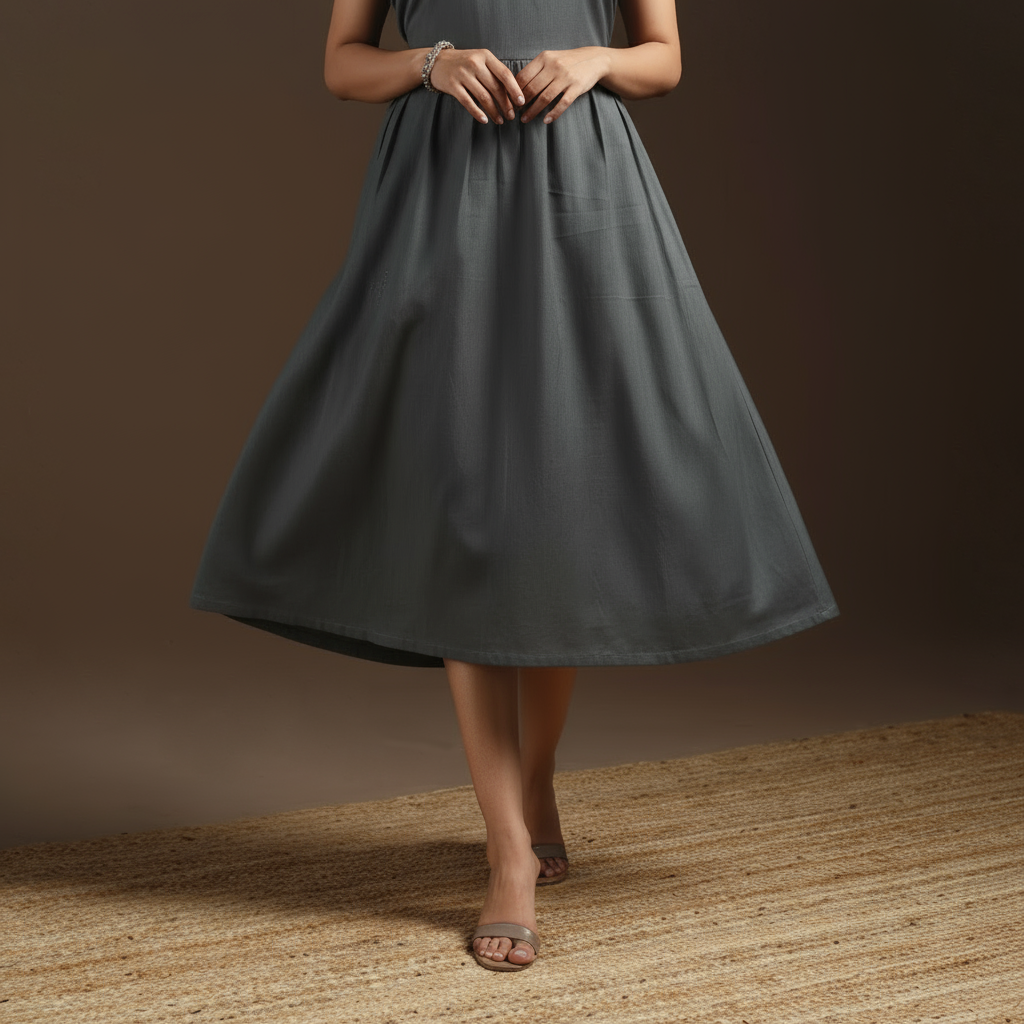 Grey - flex cotton tiered plain dress 02 - handcrafted