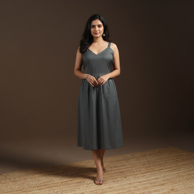 Grey - flex cotton tiered plain dress 02 - handcrafted