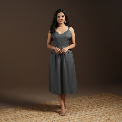 Grey - flex cotton tiered plain dress 02 - handcrafted