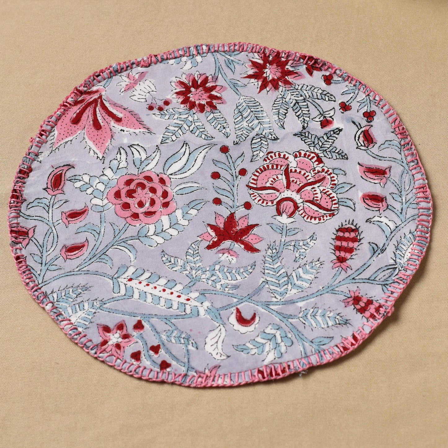  Grey Floral Block Print Hand Embroidery Roti Napkin 06