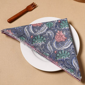 Grey Floral Block Print Cotton Hand Embroidery Table Napkin