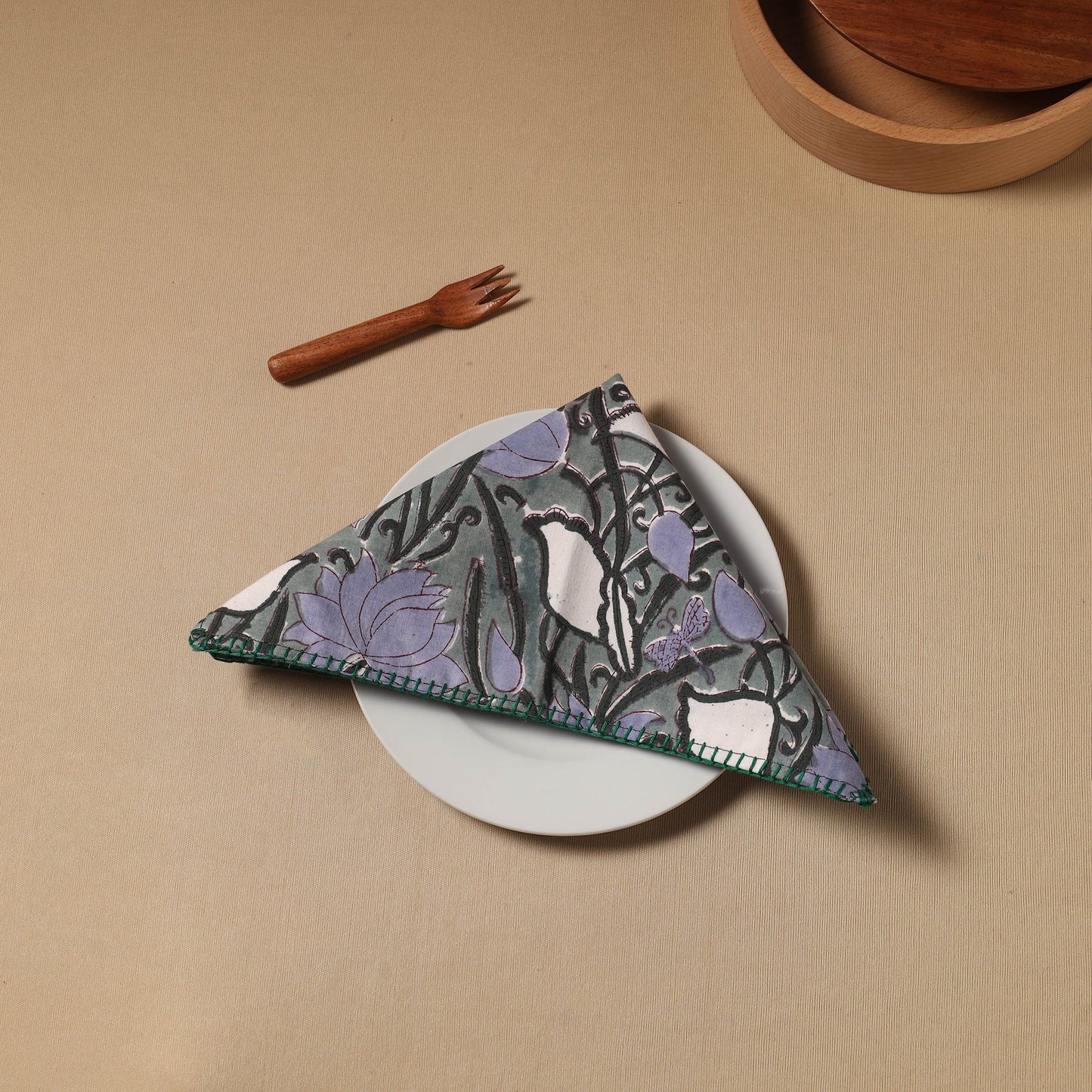 Grey Floral Block Print Cotton Hand Embroidery Table Napkin