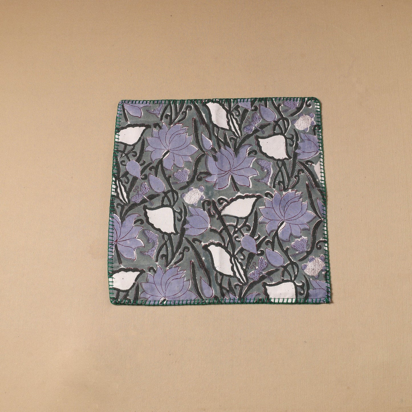 Grey Floral Block Print Cotton Hand Embroidery Table Napkin
