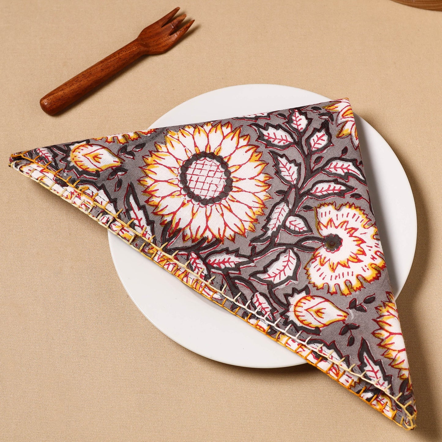 Grey Floral Block Print Cotton Hand Embroidery Table Napkin