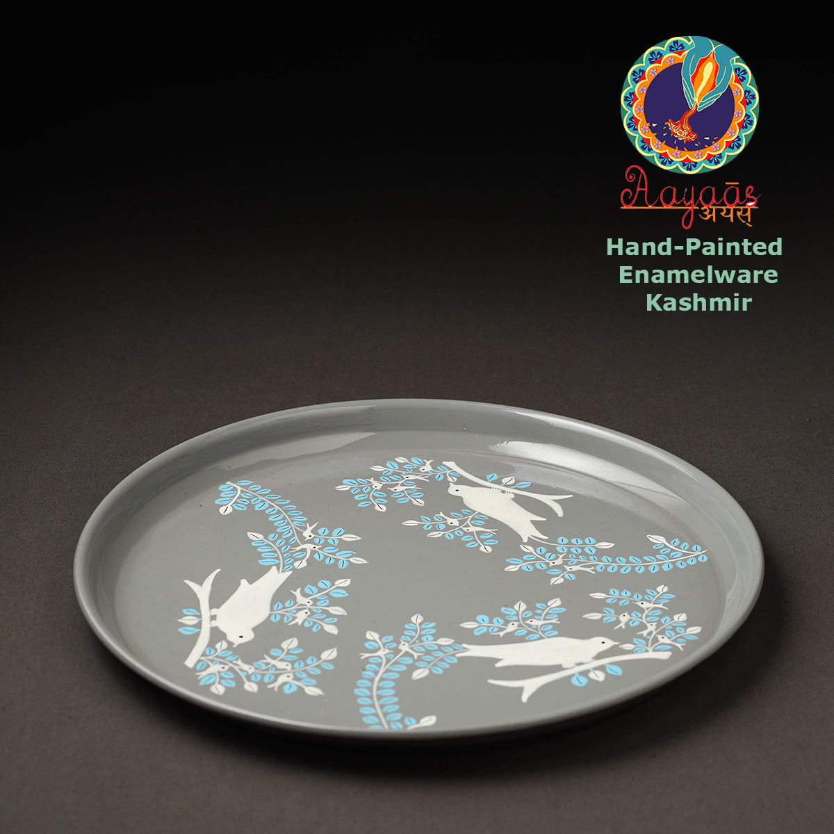 Floral Grey Handpainted Enamelware Stainless Steel Plate 