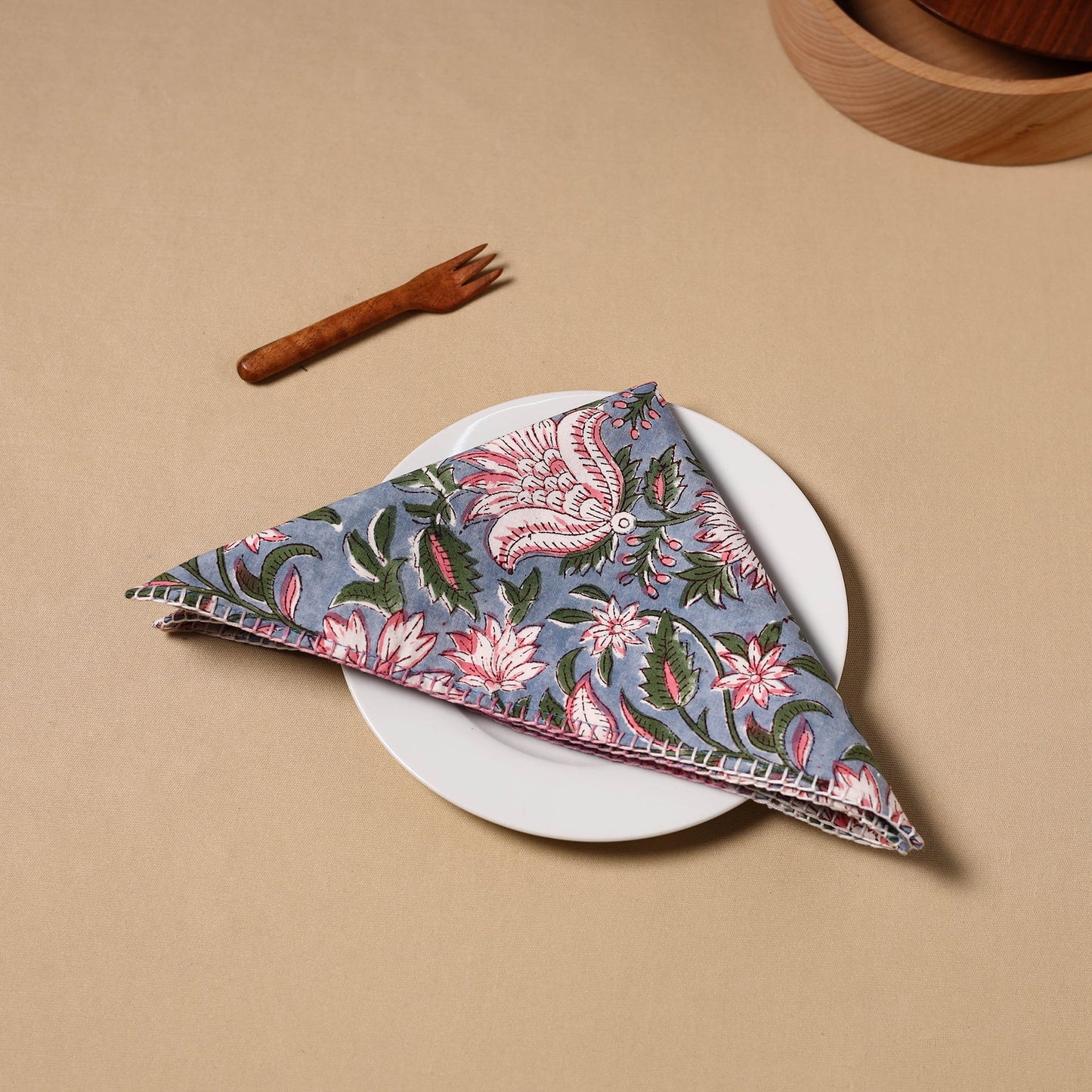  Grey Floral Sanganeri Block Print Cotton Table Napkin 