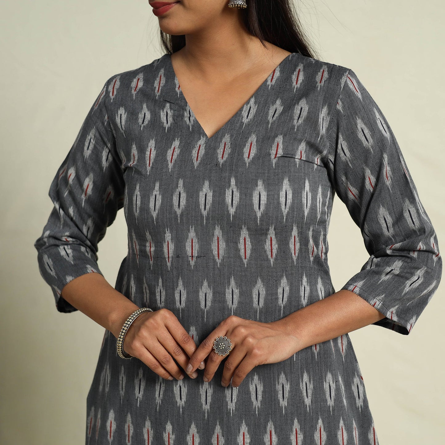  Grey Frock Style Cotton Pochampally Ikat Kurta Set 