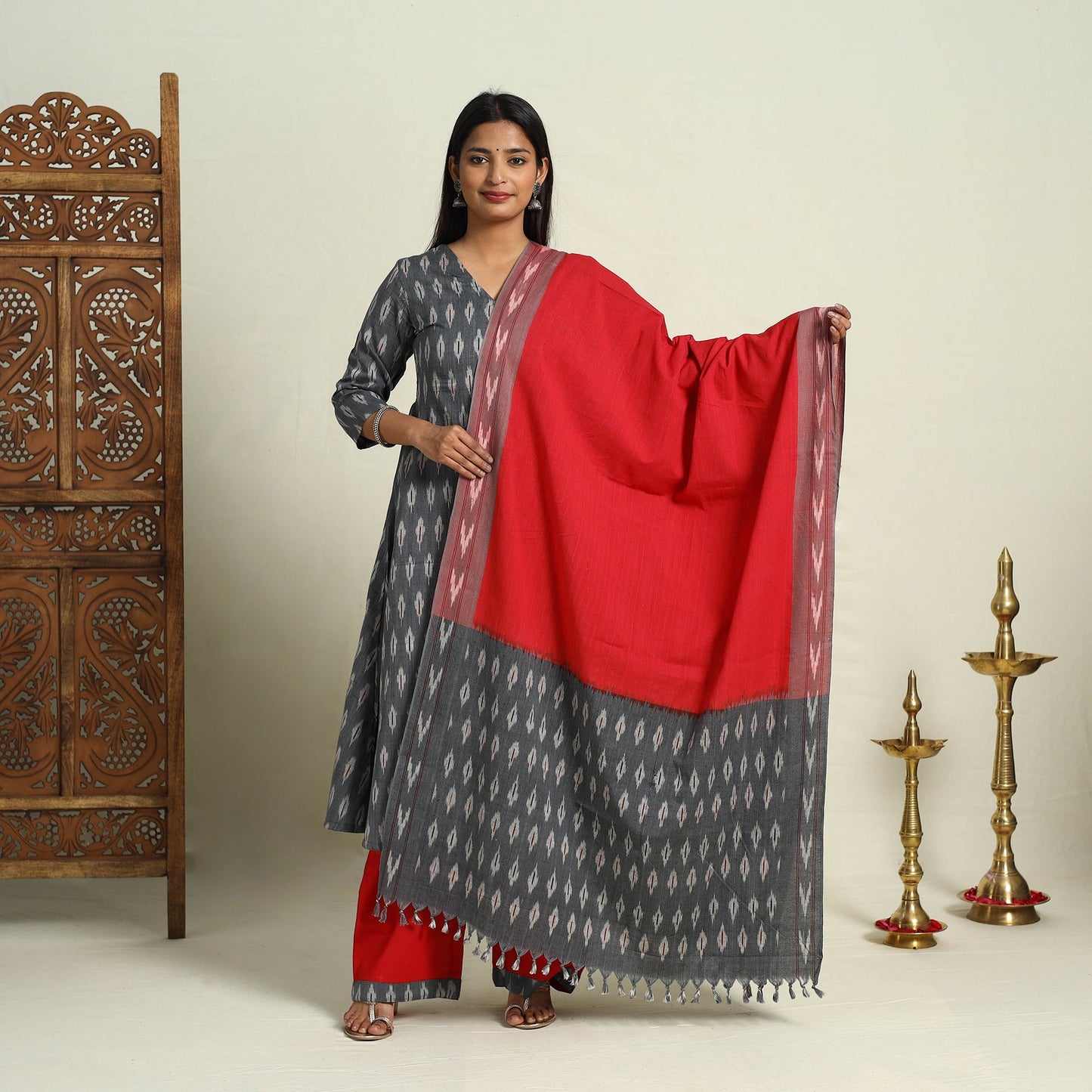  Grey Frock Style Cotton Pochampally Ikat Kurta Set 