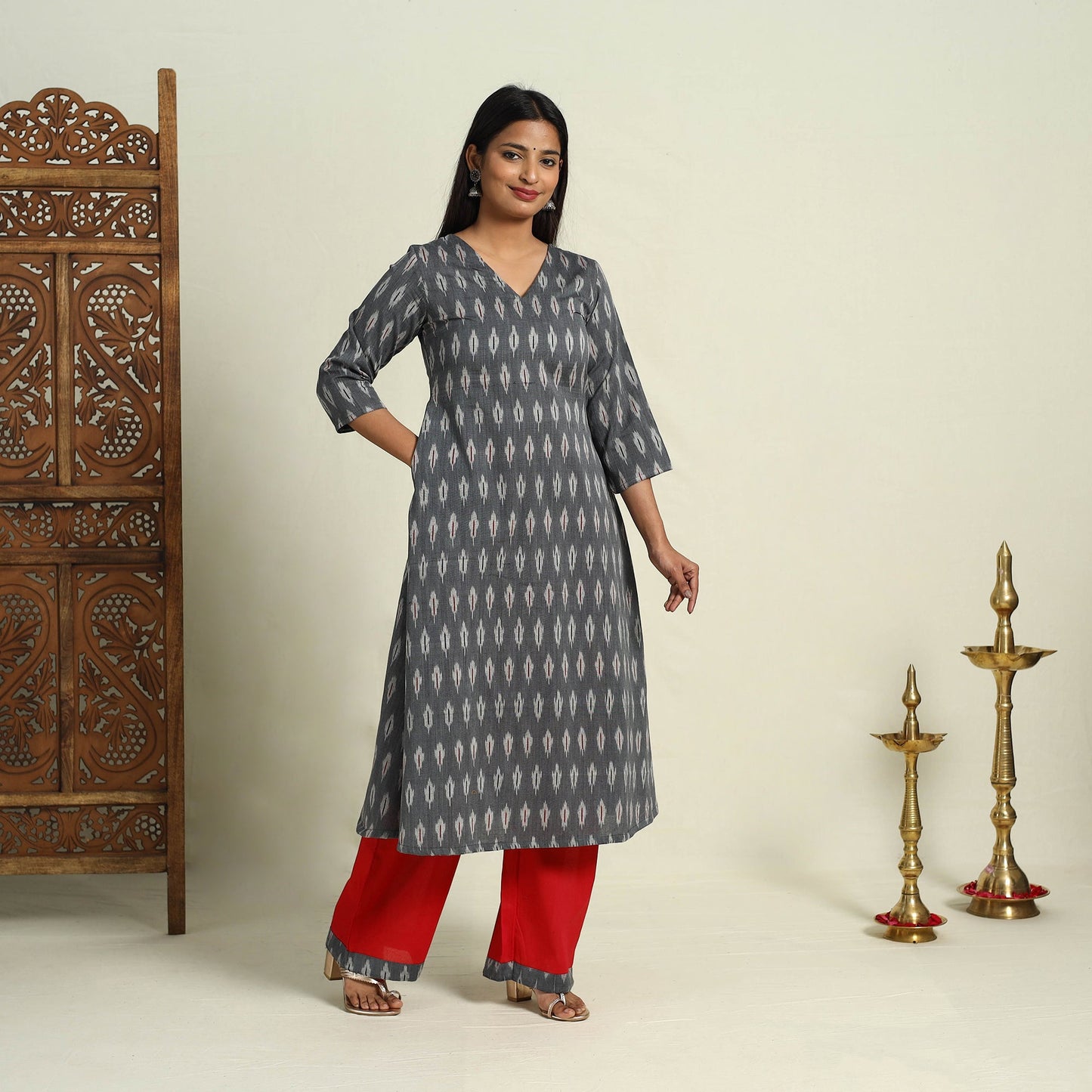  Grey Frock Style Cotton Pochampally Ikat Kurta Set 