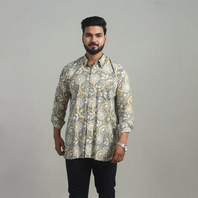  Grey Full Sleeve Cotton Men Sanganeri Print Shirt