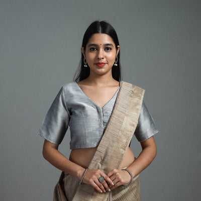 Grey Gota Patti Slub Silk Plain Blouse Online