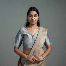 Grey Gota Patti Slub Silk Plain Blouse Online