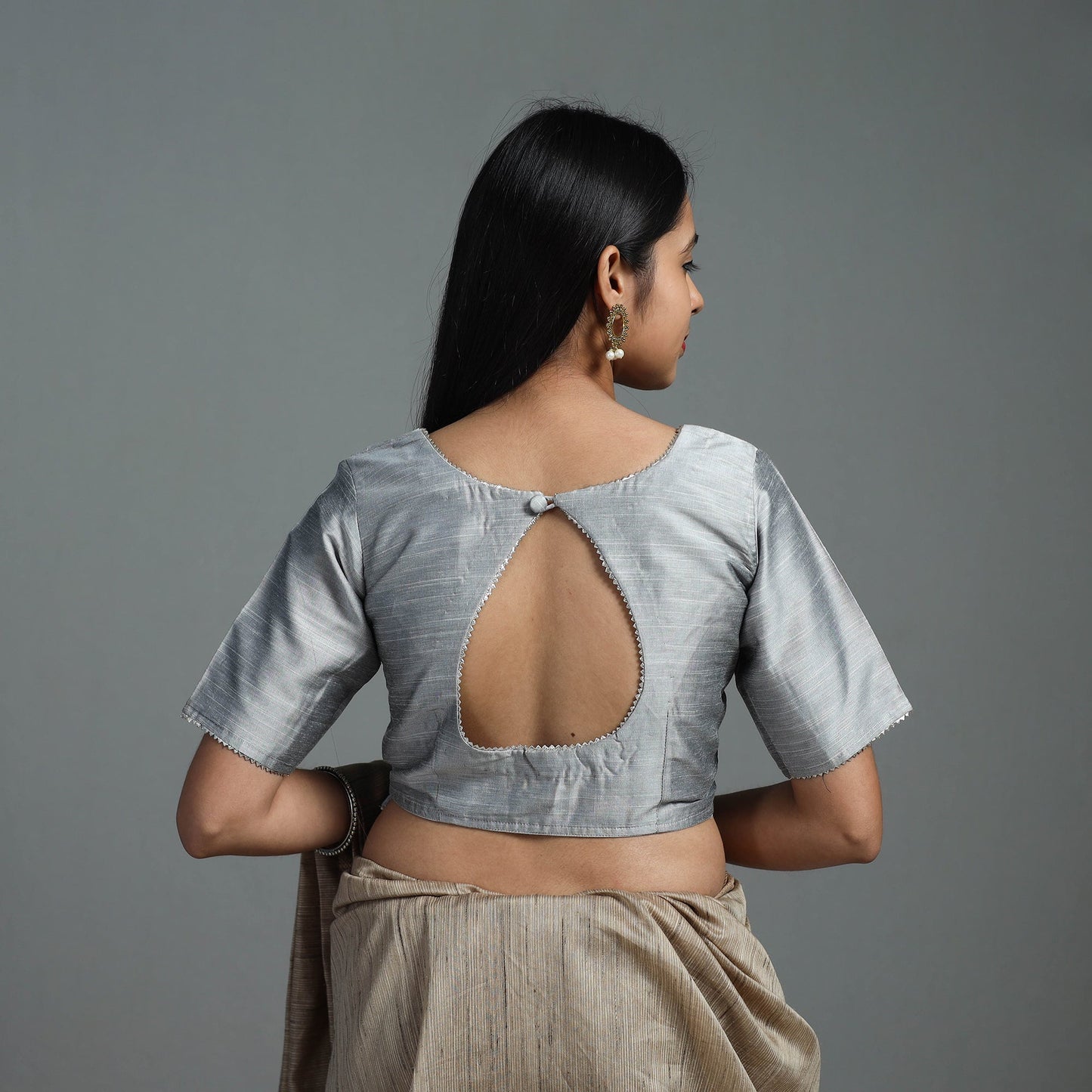 Grey Gota Patti Slub Silk Plain Blouse Online