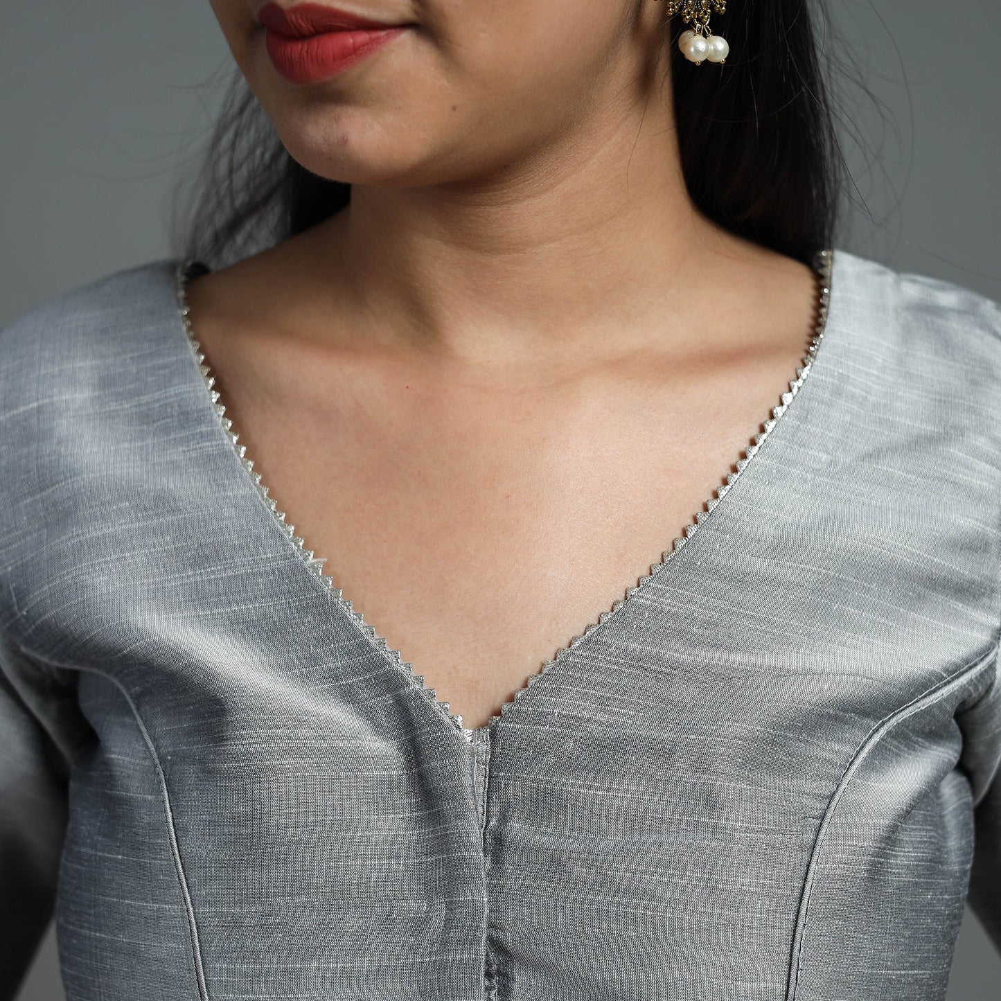 Grey Gota Patti Slub Silk Plain Blouse Online