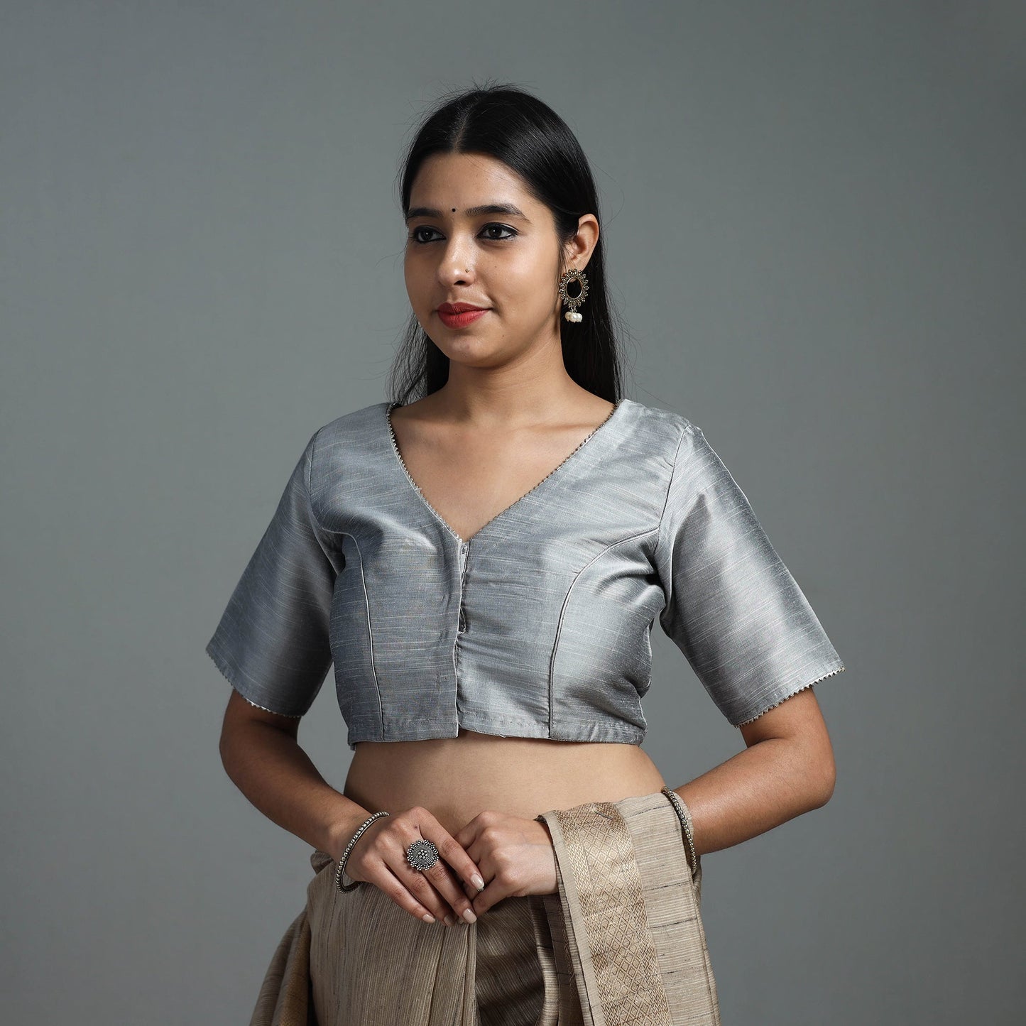 Grey Gota Patti Slub Silk Plain Blouse Online