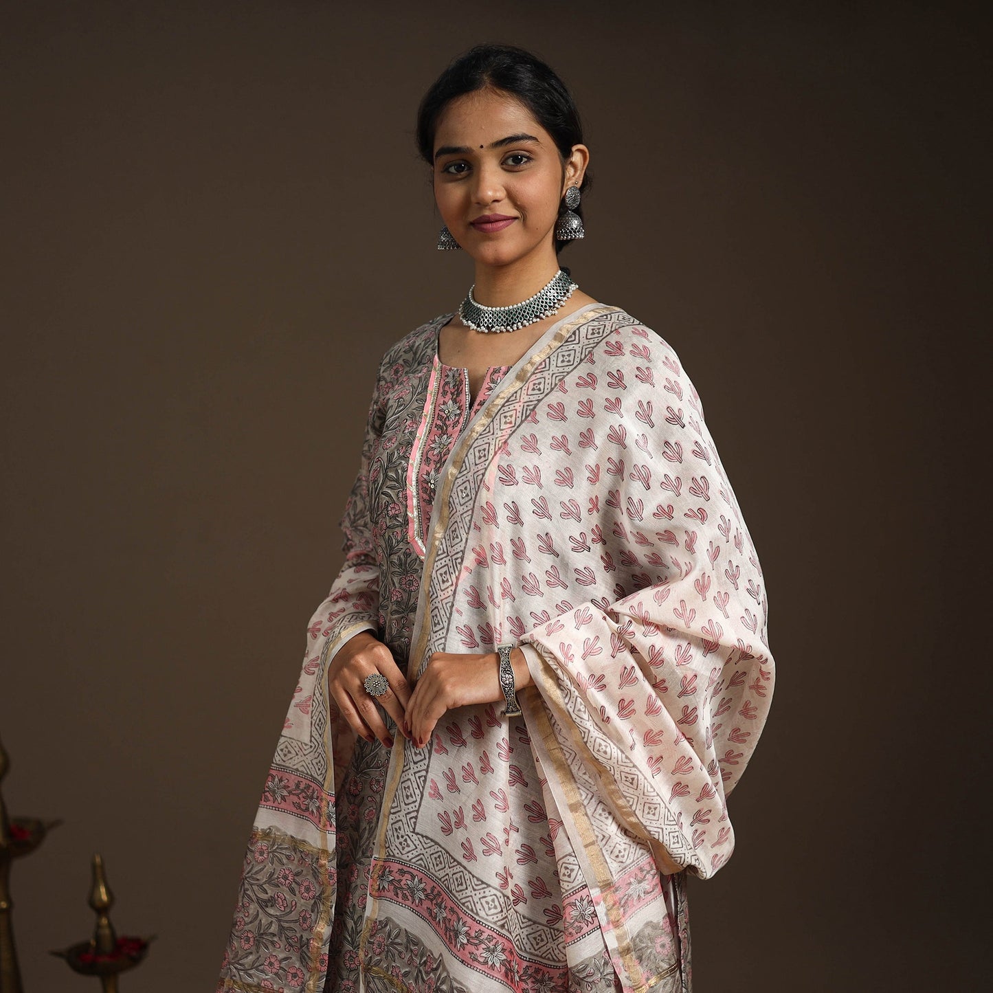 Grey - gota work chanderi silk sanganeri kurta set (set