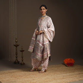 Grey - gota work chanderi silk sanganeri kurta set (set