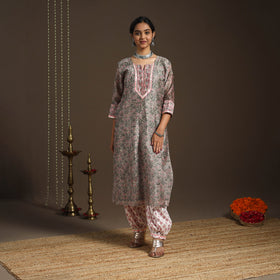 Grey - gota work chanderi silk sanganeri kurta set (set